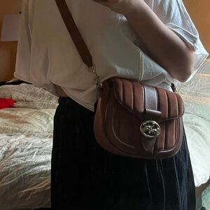 Coach Chestnut Brown Suede & Leather Crossbody with Gold Horse & Carriage Accent